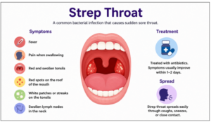 Strep throat symptoms, treatment, and transmission infographic.