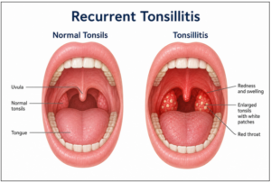 Medical illustration comparing healthy tonsils and recurrent tonsillitis with inflammation