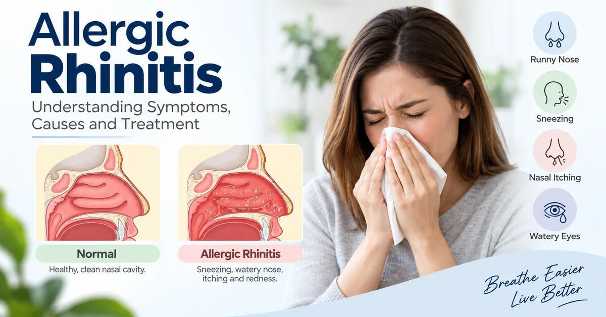 Allergic rhinitis symptoms such as runny nose, sneezing, nasal itching and watery eyes, with a normal and an allergic nasal lining compared