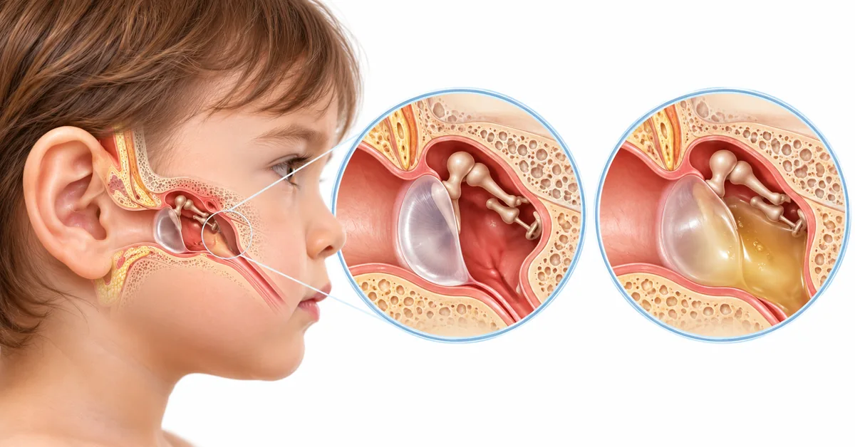 Child's middle ear shown with a healthy eardrum and with fluid trapped behind the eardrum