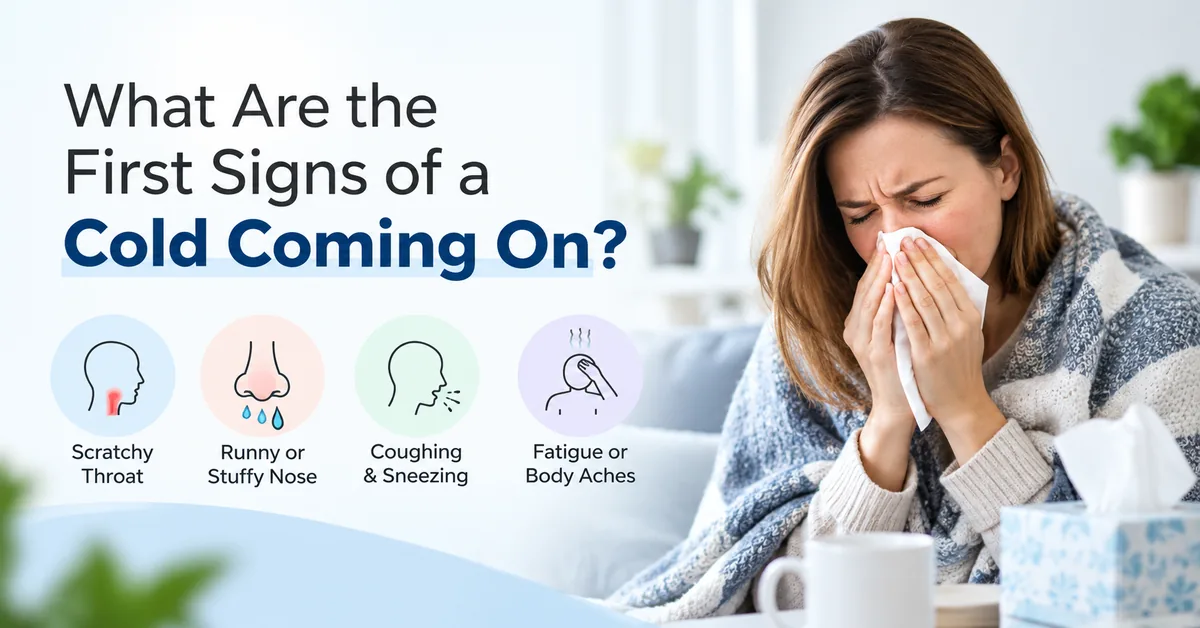 First signs of a cold coming on: scratchy throat, runny or stuffy nose, coughing and sneezing, fatigue and body aches