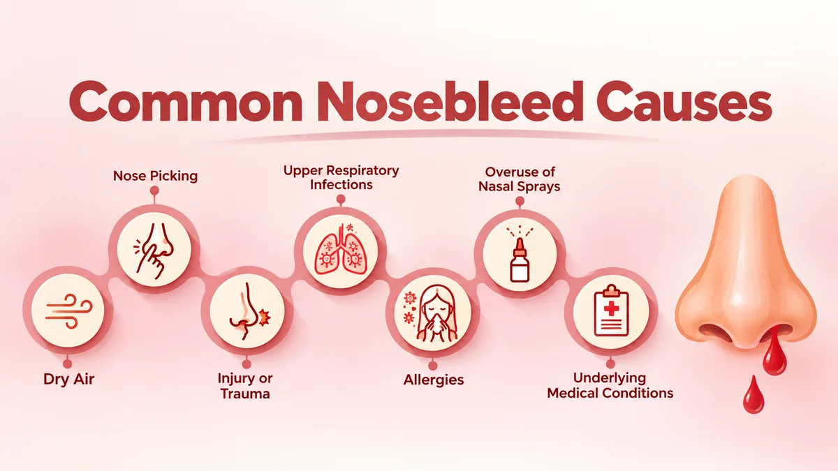 Common nosebleed causes: dry air, nose picking, injury, upper respiratory infections, allergies, overuse of nasal sprays and underlying medical conditions