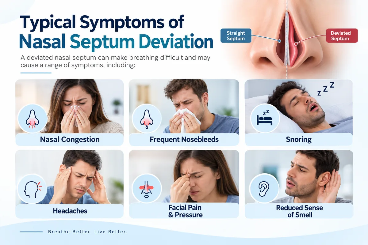 Typical symptoms of a deviated nasal septum: nasal congestion, frequent nosebleeds, snoring, headaches, facial pain and reduced sense of smell