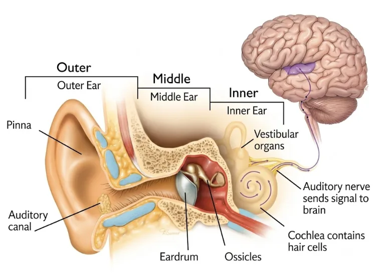 Anatomy of the outer, middle and inner ear, showing the ear canal, eardrum, ossicles, cochlea and auditory nerve