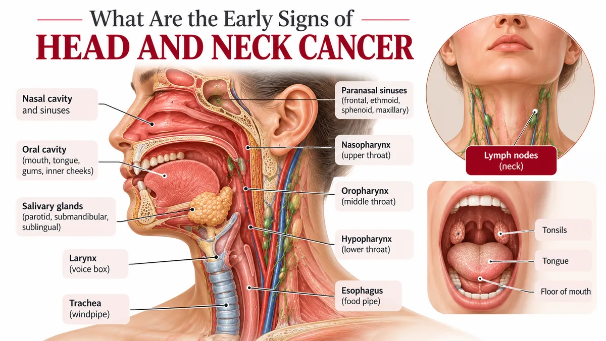 Areas where head and neck cancer can develop: nasal cavity and sinuses, mouth, salivary glands, throat, voice box, tonsils, tongue and neck lymph nodes