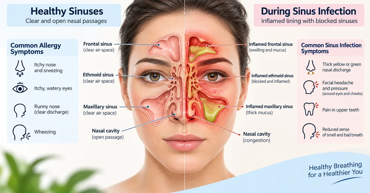 Healthy sinuses compared with inflamed, blocked sinuses during a sinus infection, with common allergy and sinus infection symptoms