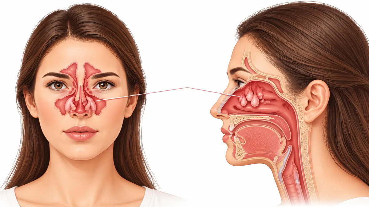 Nasal polyps growing inside the nose and sinuses, shown on a front and side view of the face