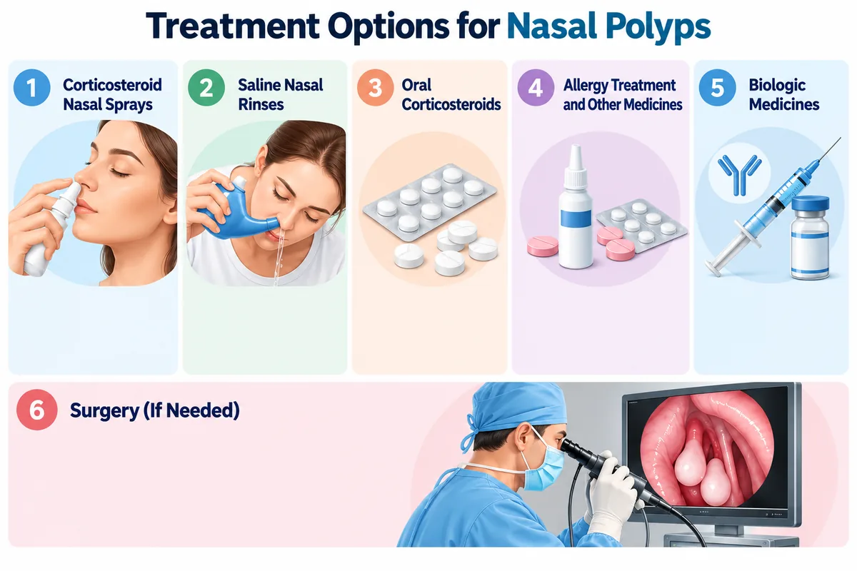 Treatment options for nasal polyps: corticosteroid nasal sprays, saline rinses, oral corticosteroids, allergy treatment, biologic medicines and surgery if needed