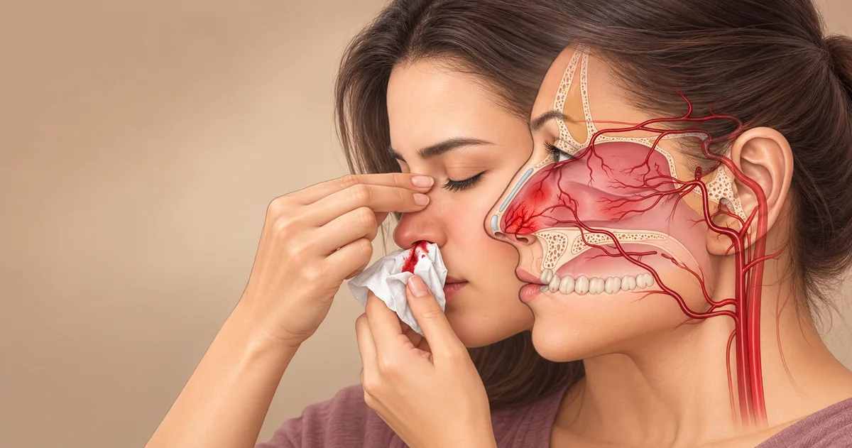 Woman holding a tissue to a nosebleed, with the blood vessels inside the nose shown