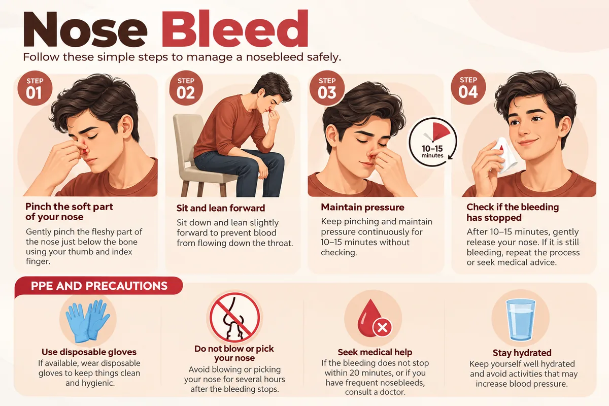 Nosebleed first aid steps: pinch the soft part of the nose, sit and lean forward, keep pressure for 10 to 15 minutes, then check if the bleeding has stopped