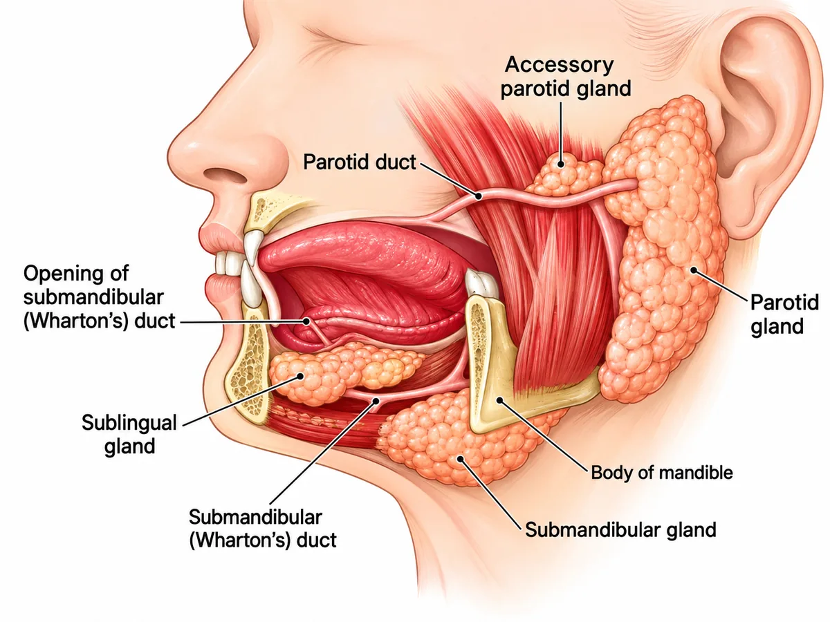 Salivary gland anatomy showing the parotid, submandibular and sublingual glands and their ducts