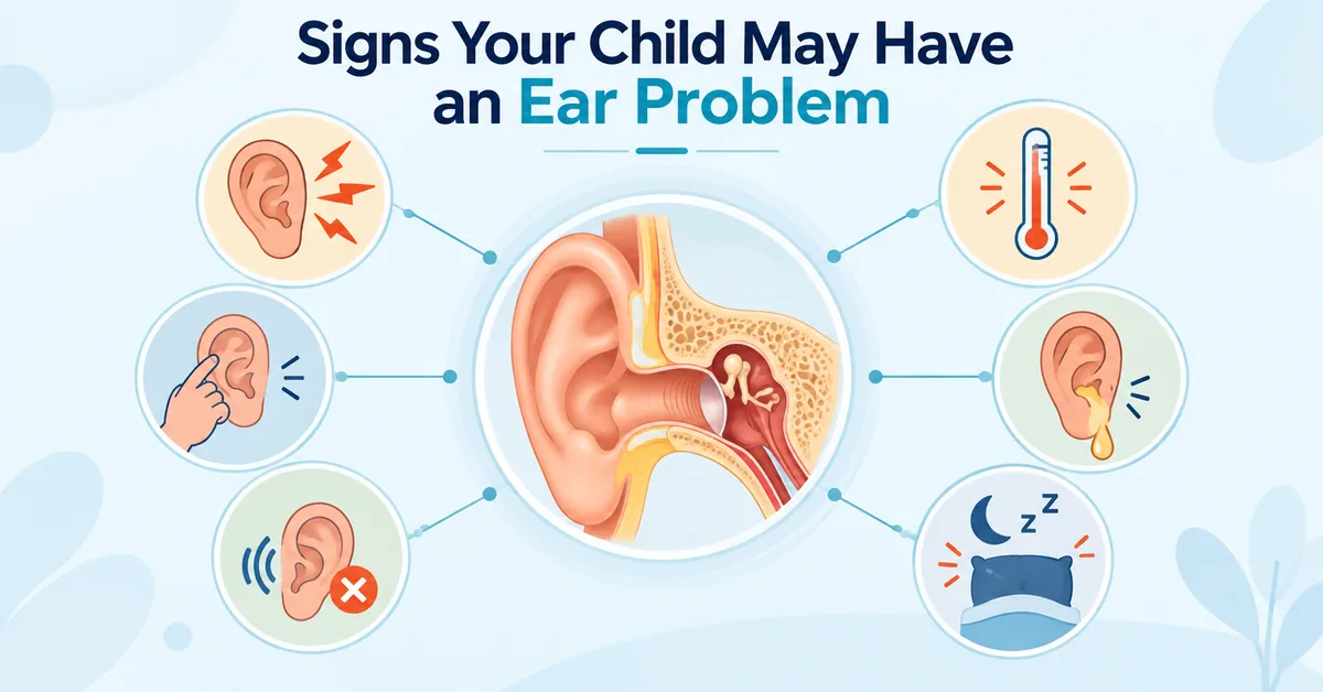 Signs your child may have an ear problem: ear pain, ear pulling, poor response to sound, fever, ear discharge and disturbed sleep