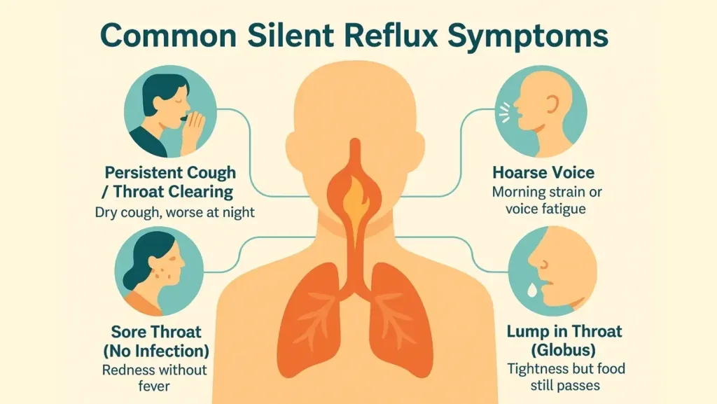 Common silent reflux symptoms: persistent cough and throat clearing, hoarse voice, sore throat and a lump-in-the-throat feeling