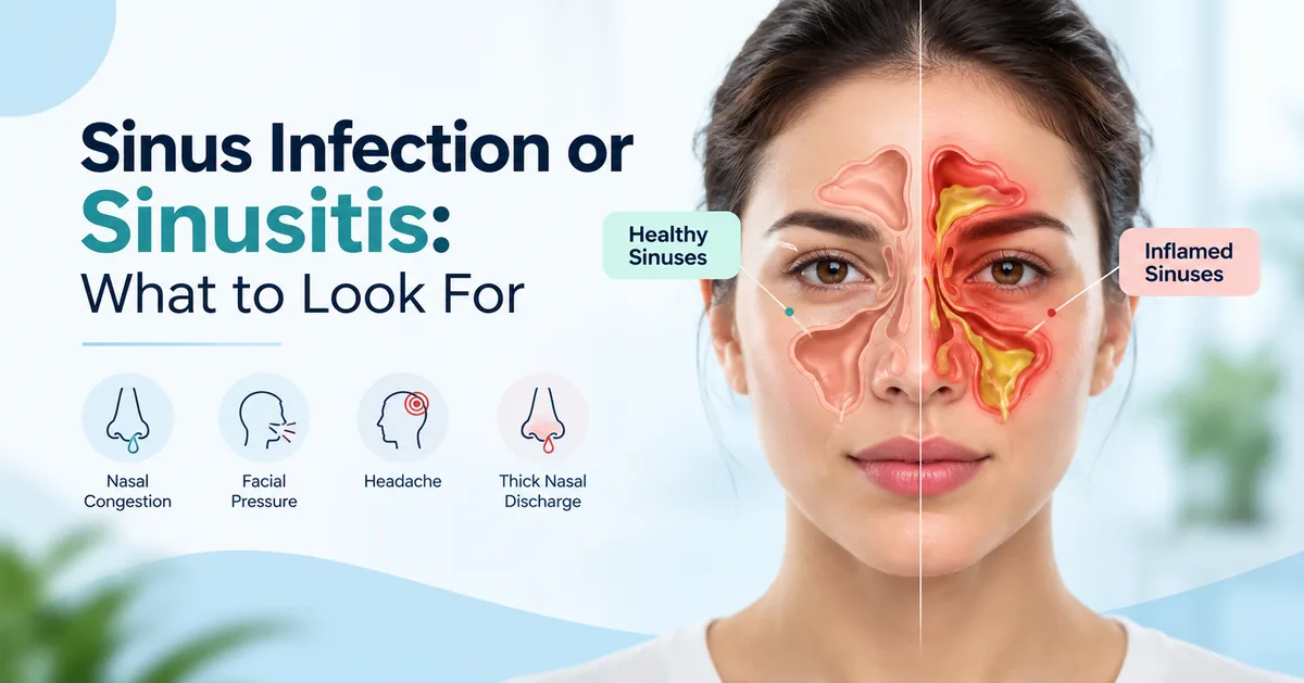 Sinus infection or sinusitis symptoms: nasal congestion, facial pressure, headache and thick nasal discharge