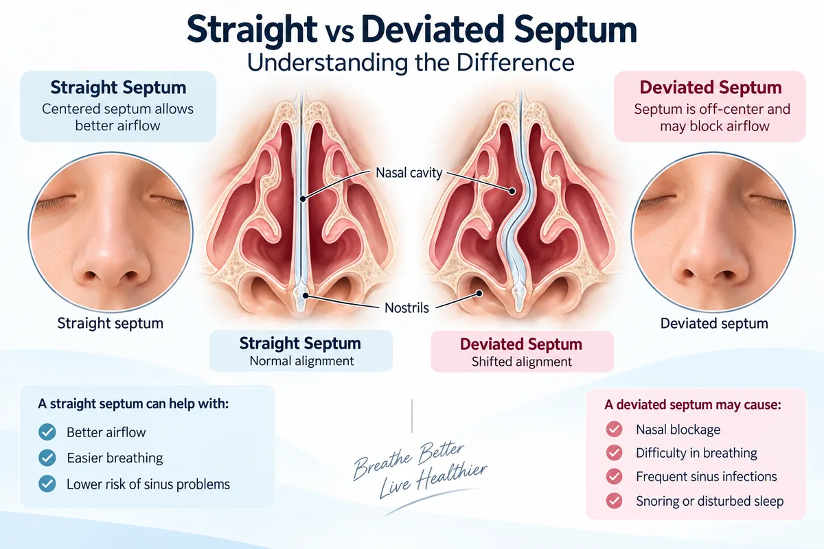Straight septum compared with a deviated septum, showing how a shifted septum narrows one side of the nasal airway