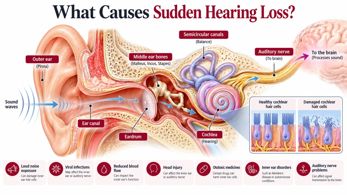 Ear anatomy showing the outer ear, eardrum, middle ear bones, cochlea and auditory nerve, with common causes of sudden hearing loss