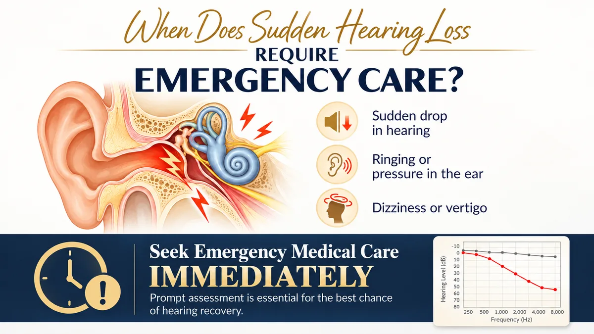 Sudden hearing loss emergency signs: a sudden drop in hearing, ringing or pressure in the ear, and dizziness or vertigo