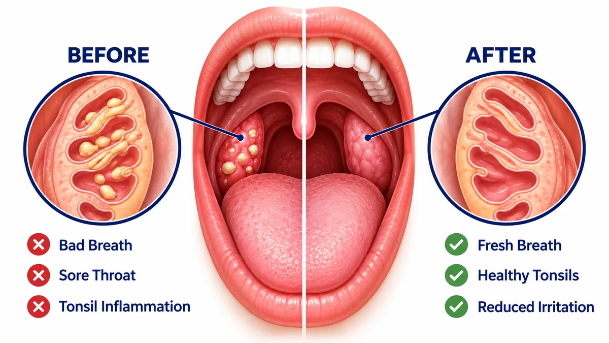 Before and after tonsil stone treatment: bad breath, sore throat and inflamed tonsils before, fresh breath and healthy tonsils after