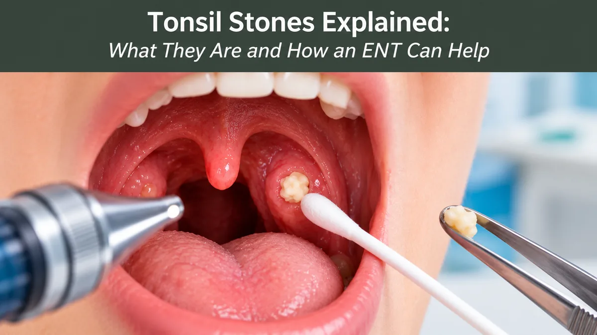 Tonsil stone sitting in a tonsil pocket at the back of the throat, with an ENT instrument and swab