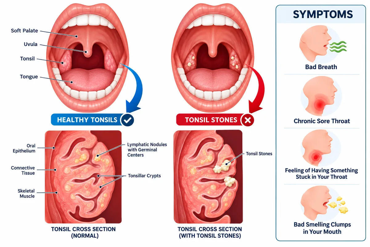 Healthy tonsils compared with tonsils holding tonsil stones in the crypts, with symptoms: bad breath, sore throat, a feeling of something stuck and bad-smelling clumps