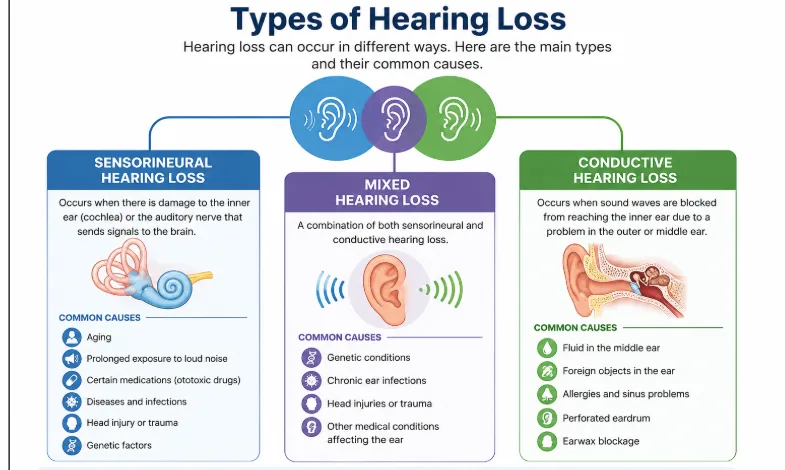 Types of hearing loss: sensorineural, mixed and conductive hearing loss and their common causes